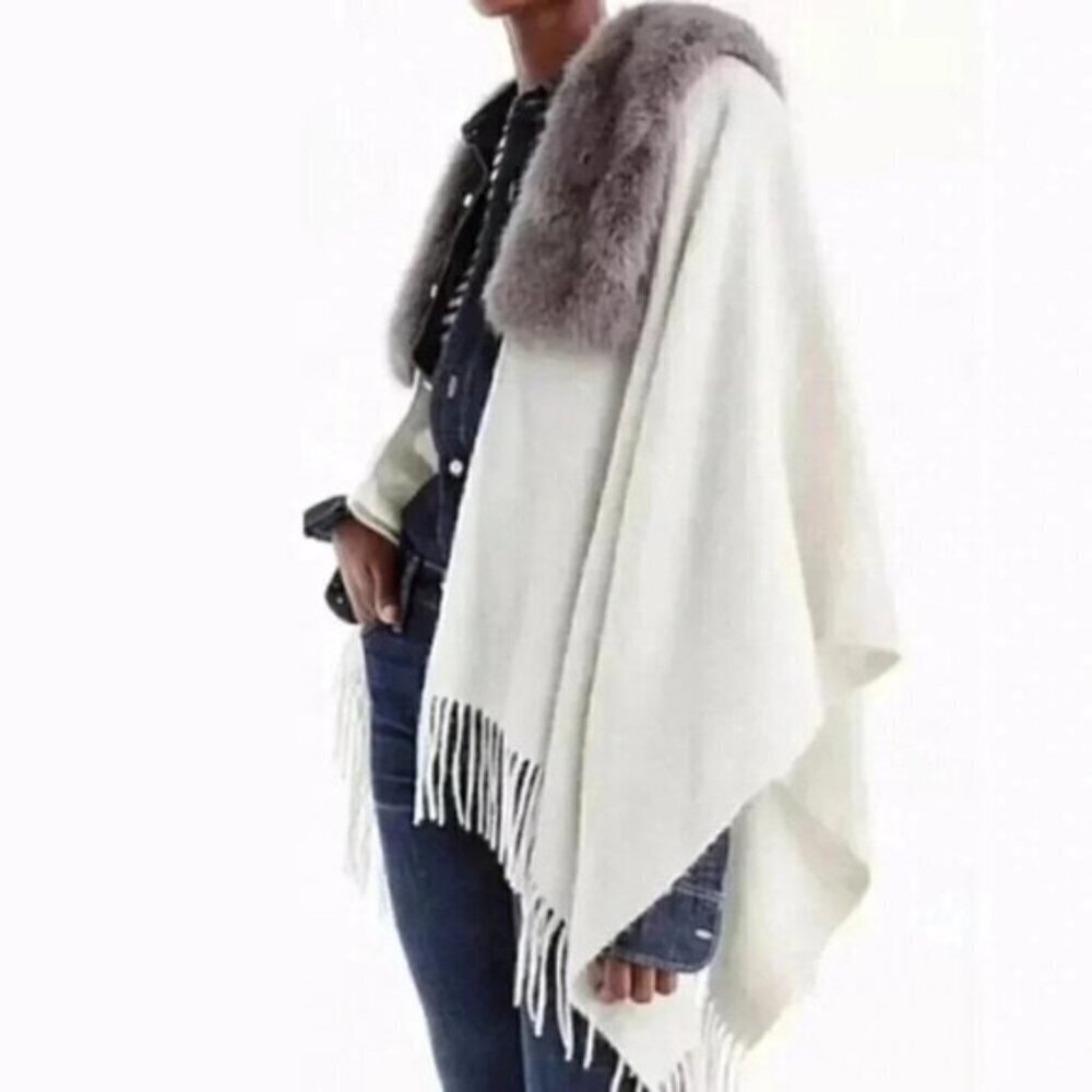 J.Crew Faux-Shearling  Wool Light Gray Poncho Cape One Size